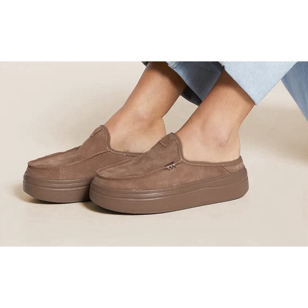 NWOB Hey Dude Austin Lift Comfy Casual Mules Clogs Sz 8W Platform Brown Suede